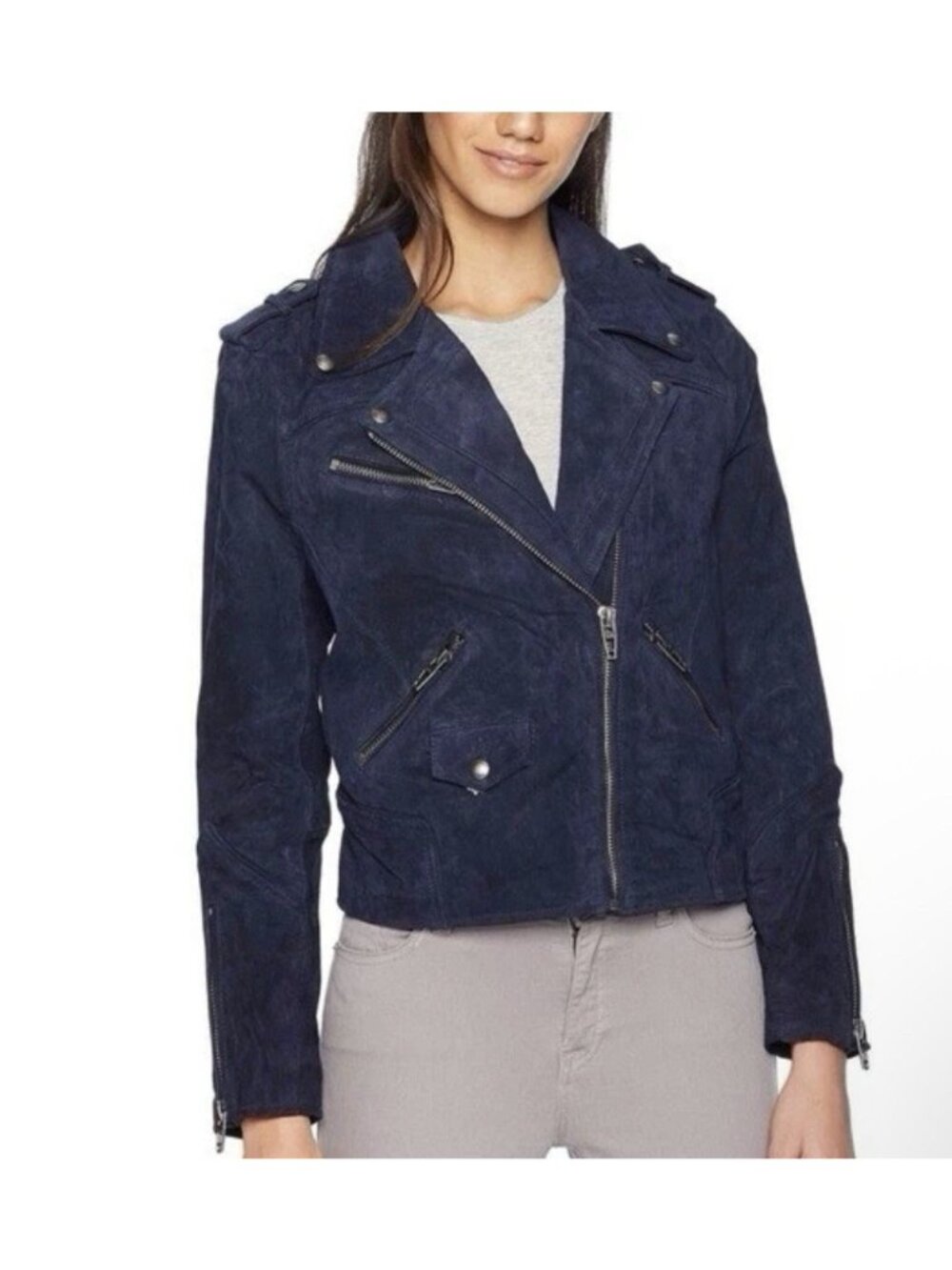 BLANKNYC Suede Moto Jacket Navy Blue Leather Biker Zip Size Medium